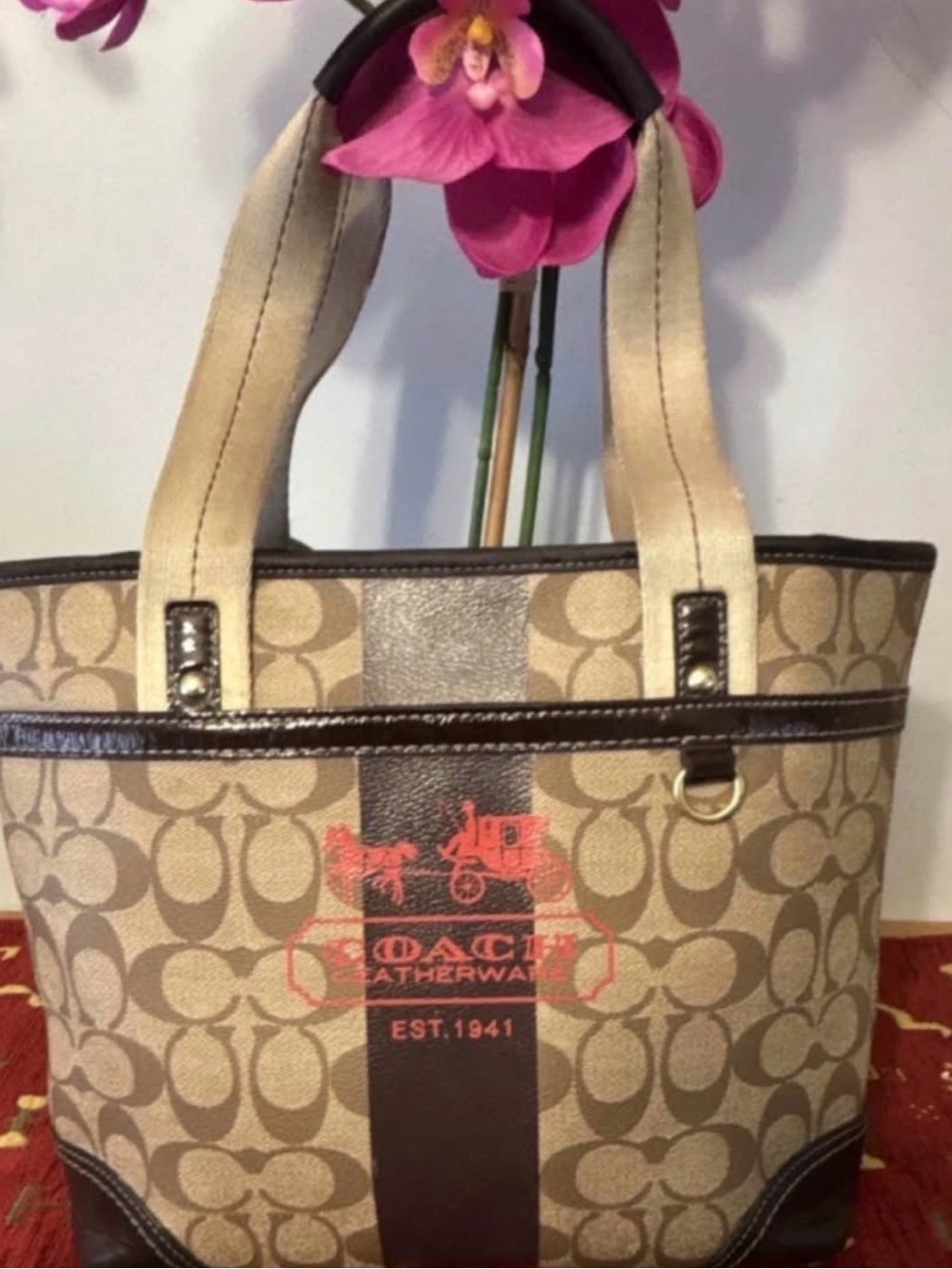 Coach Beige Brown Signature Canvas Tote with Coral Logo